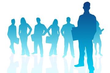 Silhouettes of people holding briefcases, blue gradient.